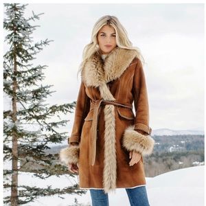 Tobacco Faux Fur Fox Collar Faux Suede Dakota Coat